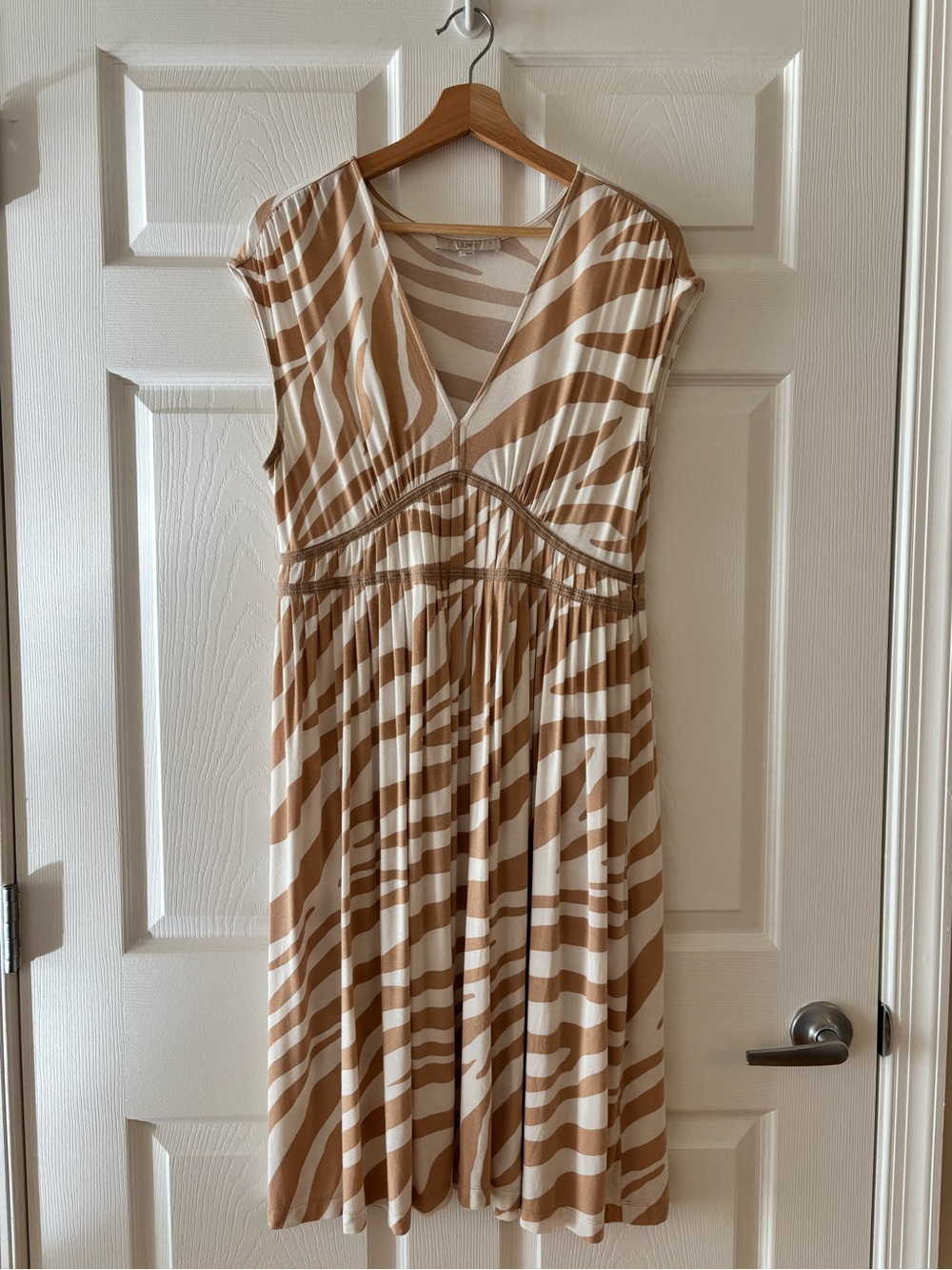LOFT Women's Tan and Cream V-Neck Striped Midi Dress